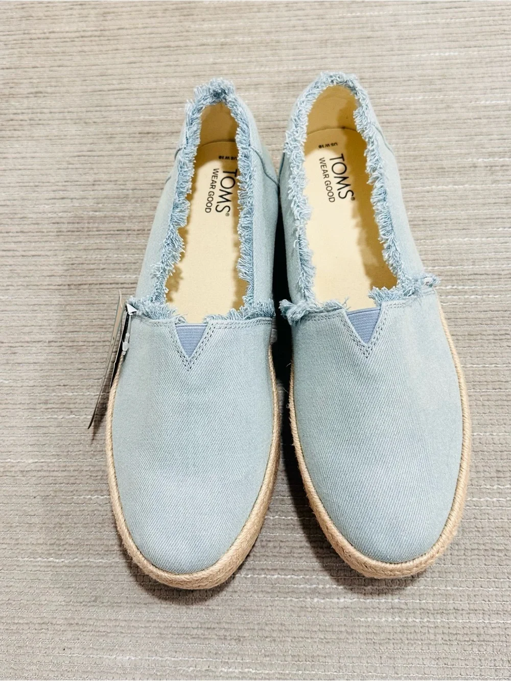 TOMS Valencia Platform Slip On Womens Pastel Blue Fray Denim Espadrilles 10 NWT